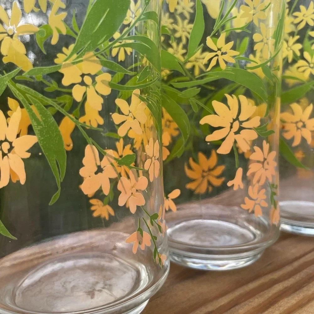 Vintage Hummingbird Floral Drinking Glasses Set 4 Yellow Orange Retro Tumblers